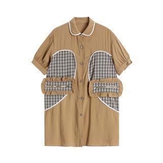 Short-sleeve Plaid Panel Shirt Dress