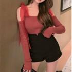 Long-sleeve Cold Shoulder Knit Top Red - One Size