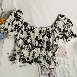 Off-shoulder Smocked-waist Crop Top Almond - One Size