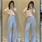 Short-sleeve V-neck T-shirt / Gingham Wide-leg Pants