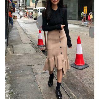 Long-sleeve Lace-up Top / Plain Mermaid A-line Skirt