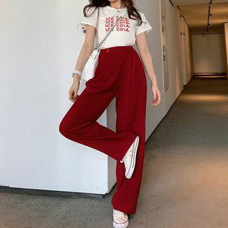 Short-sleeve Lettering T-shirt / Plain Wide-leg Pants