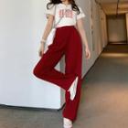 Short-sleeve Lettering T-shirt / Plain Wide-leg Pants