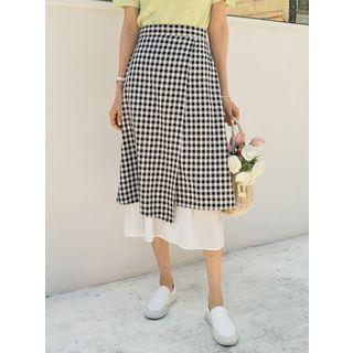 Layered-hem Gingham Long Skirt
