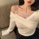 Cold-shoulder Faux Pearl Knit Top White - One Size