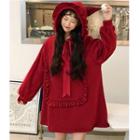 Frill Trim Mesh Panel Long Hoodie