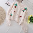 Round-neck Embroidered Leaf-accent Knit Jacket Almond - One Size