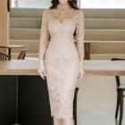 3/4-sleeve Lace Cutout Midi Sheath Dress