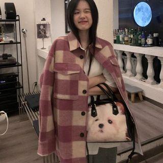 Plaid Button-up Jacket Plaid - Pink & Purple - One Size
