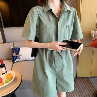 Short-sleeve Shirt Romper Army Green - One Size