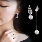 Non-matching 925 Sterling Silver Rhinestone Wings Faux Pearl Dangle Earring 1 Pair - Silver Needle - Silver - One Size