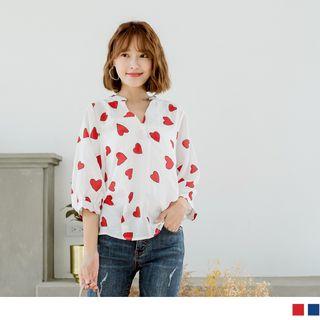 Puff Sleeve Heart Print V-neck Top