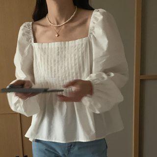 Puff-sleeve Pleated Blouse White - One Size