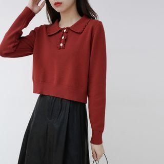Long-sleeve Frill Trim Knit Polo Shirt