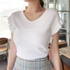 V-neck Frill-sleeve Top White - One Size
