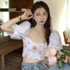 Puff-sleeve Square Neck Flower Print Panel Cropped Blouse White - One Size