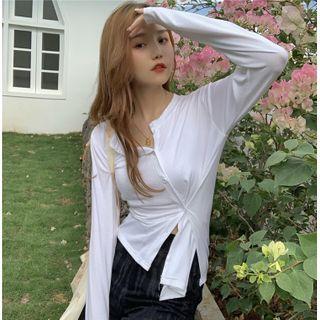 Asymmetric Long-sleeve Tie-front T-shirt