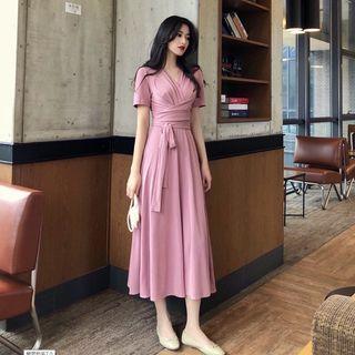 Short-sleeve Wrap Tie-waist Midi A-line Dress