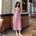 Short-sleeve Wrap Tie-waist Midi A-line Dress