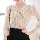 Tie-neck Frilled Sheer Dotted Blouse