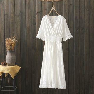 Eyelet Lace Elbow-sleeve Midi A-line Dress White - One Size