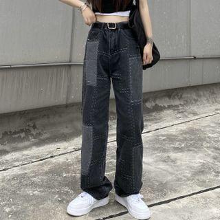 Color Block Contrast Stitching Loose Fit Jeans