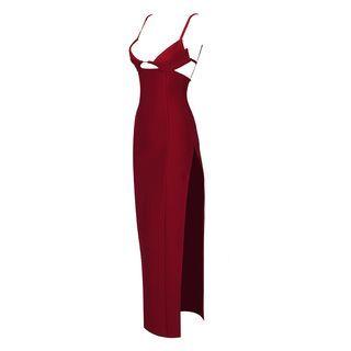 Spaghetti-strap V-neck Slit Maxi Sheath Dress