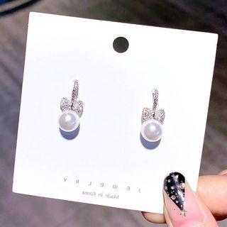 Rhinestone Bow Faux Pearl Dangle Earring As Shown In Figure - One Size