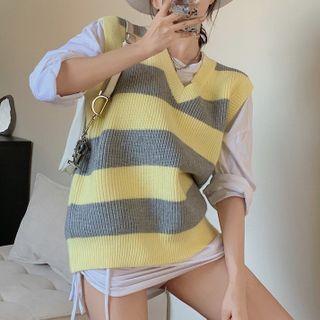 V-neck Striped Knit Vest Yellow - One Size