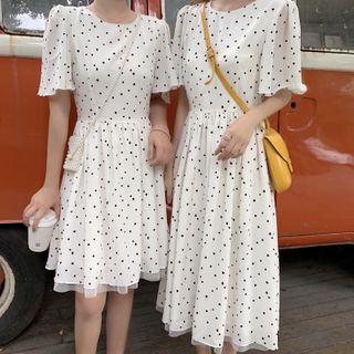 Short-sleeve Heart Print Overlay A-line Dress