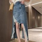 High-waist Frayed Asymmetric Hem Denim Skirt