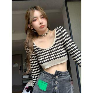 Plaid Crop Knit Top Black & White - One Size