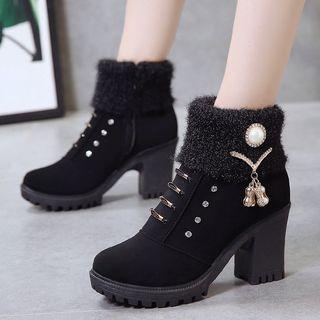 Fleece-lined Faux Suede Block Heel Short Boots
