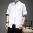 Elbow-sleeve Leaf Print Trim Frog-buttoned Stand Collar Shirt