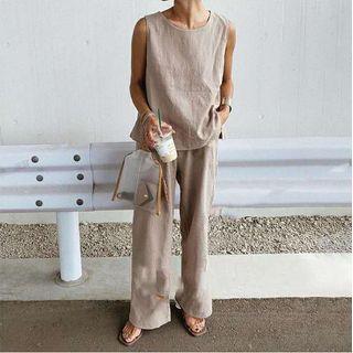 Set: Sleeveless Top + Wide Leg Pants Set - Almond - One Size