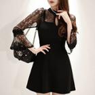 Lace Elbow-sleeve Mini A-line Dress