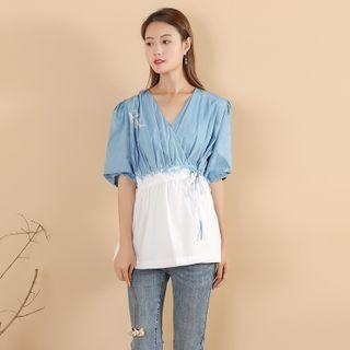 Elbow-sleeve Indigo Dyed Blouse Blue & White - One Size