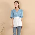 Elbow-sleeve Indigo Dyed Blouse Blue & White - One Size