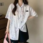 Short-sleeve Polo Collar Splash Print Loose Fit Shirt