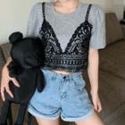 Short-sleeve Mock Two-piece Lace Crop Top