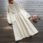 Long-sleeve Crochet Panel Midi A-line Dress Beige - One Size