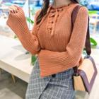 Bell Sleeve Lace-up Plain Knit Top