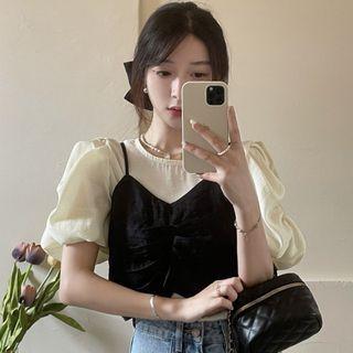Puff-sleeve Plain Blouse / Bow Back Cropped Camisole Top