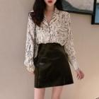 V-neck Lettering Printed Shirt / High-waist Plain Skirt