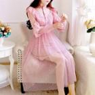 Sequined Long-sleeve Ruffled Midi A-line Lace Dress