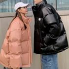 Couple Matching Padded Faux Leather Zip-up Coat