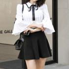 Set: Bell-sleeve Tie-neck Blouse + A-line Skirt