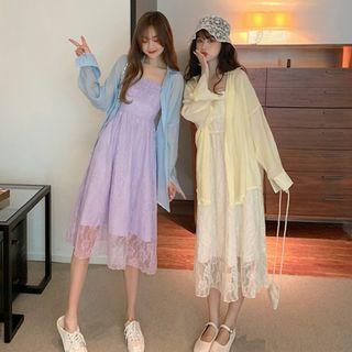 Spaghetti Strap Midi A-line Lace Dress / Long-sleeve Sheer Shirt