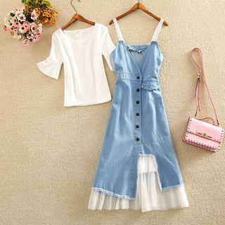 Set: Crew-neck Elbow-sleeve T-shirt + Mesh Panel Midi Denim Pinafore Dress