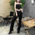 Strapless Crop Denim Top / High Waist Wide Leg Jeans